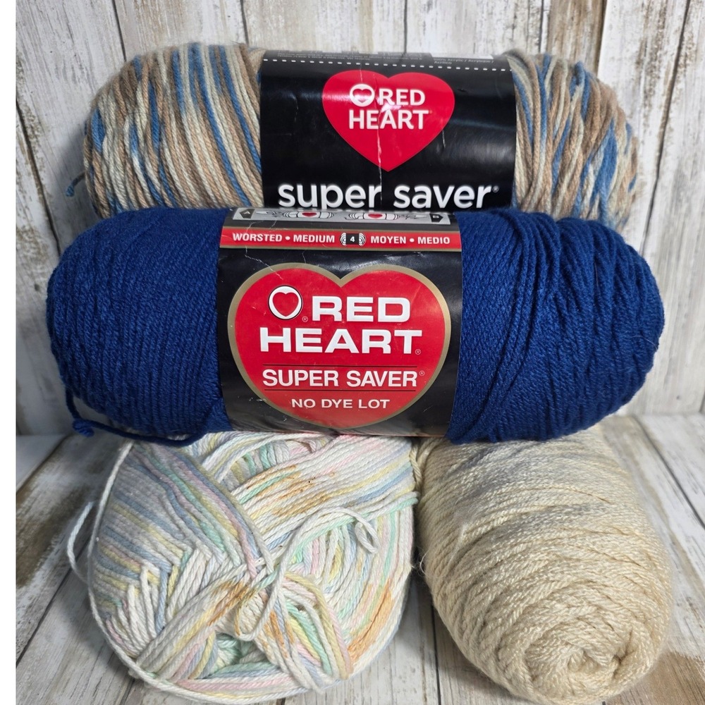 Red Heart Super Saver Yarn 4 Skeins Royal Blue Mirage Jumbo Cream Pastel Multi